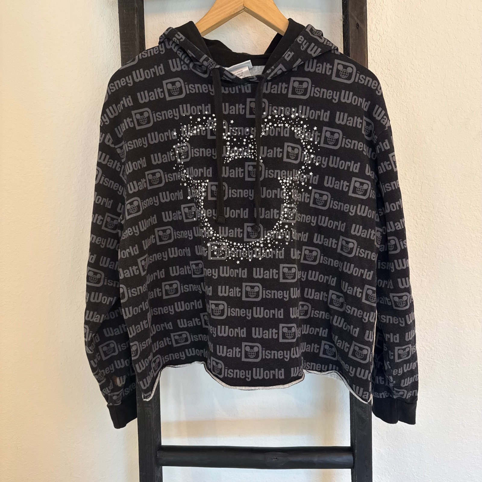 Disney Walt Disney World Black Cropped Rhinestone Mickey Hoodie Large